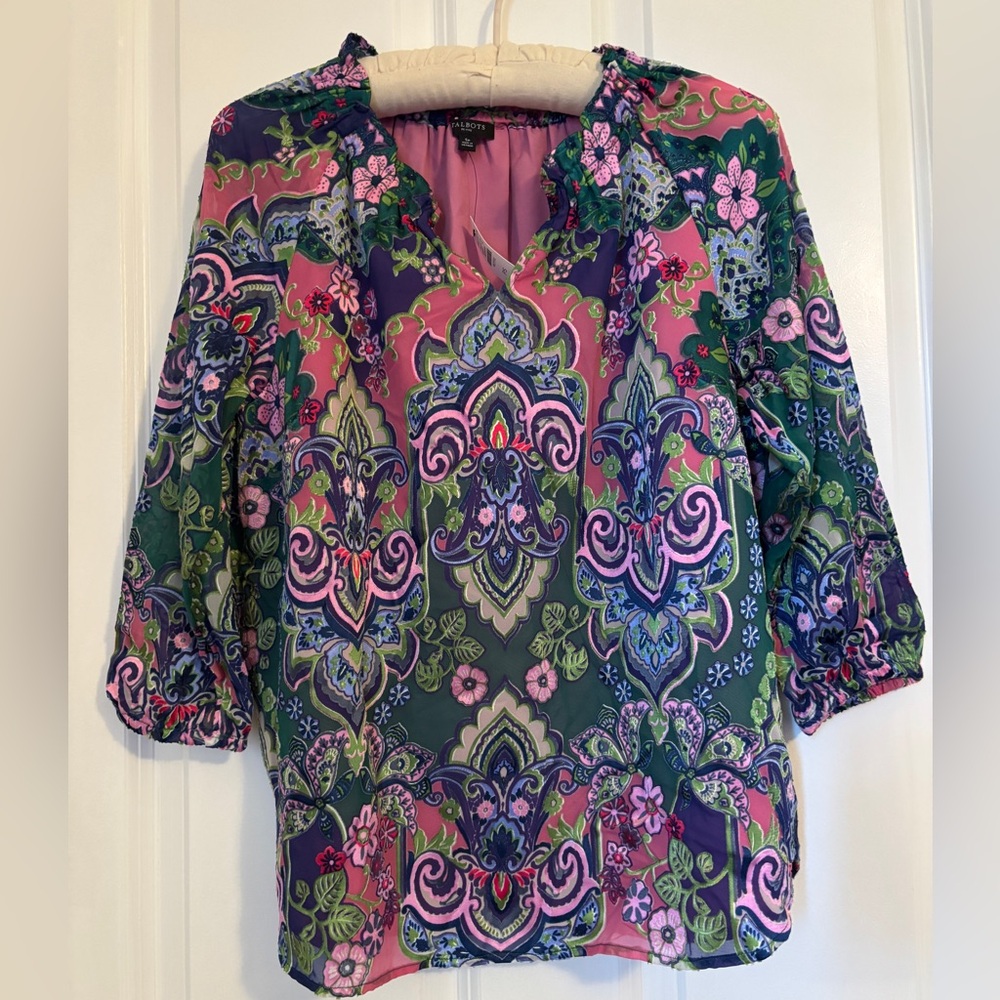 Talbots Multicolor Floral Paisley 3/4 Sleeve Blouse.  Size S (Petite) Poly Blend